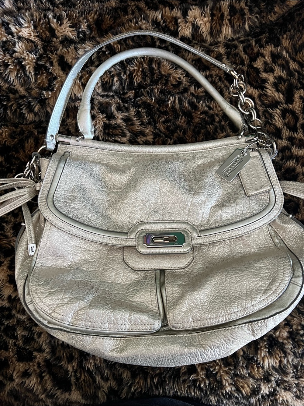 Coach Silver Leather Shoulder Bag with Turnlock